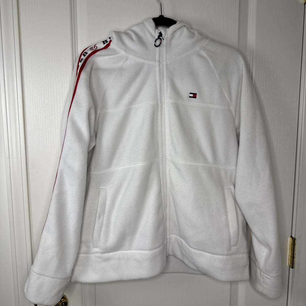 Tommy Hilfiger Sport Womens XL White Fleece Full Zip Hoodie Logo Tape Sleeve 85